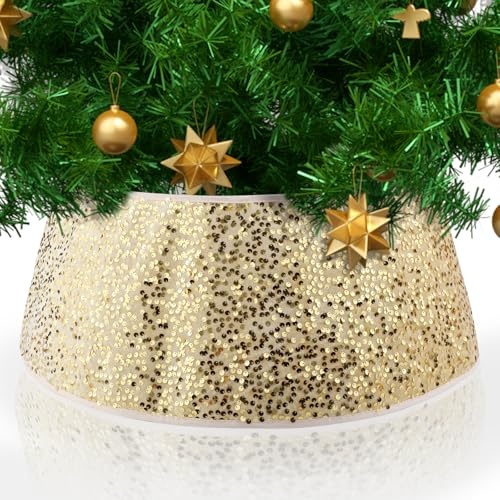 Collana per albero di Natale con paillettes scintillanti - Gonna e anello per base albero - copertura decorativa (oro)