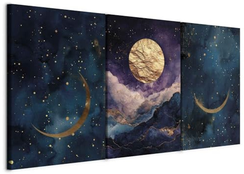 murando - Tableau triptyque mural Ensemble 120x60 cm (3 pièces de 40x60 cm chacune) – Impression sur toile avec cadre pour salon et chambre - Ciel nocturne - aquarelle lune et étoiles c-C-10121-b-a