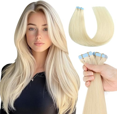 MissMe Tape Extensions Echthaar Remy Haarverlängerung Echthaar 40cm #60 Platinblond Invisible Tape in Extensions Echthaar 40g 20 Stück 16 Zoll Skin Weft Tape Ins Natürlich Erweiterungen Blonde