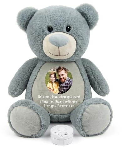 Oso de recuerdo personalizado para fotos y grabaciones de voz, color gris, foto personalizada, mensajes y grabación de voz, regalo de condolencias, recuerdo
