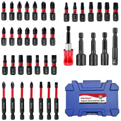 NORTOOLS Jeu d'embouts de tournevis à percussion en acier S2, forets à percussion de 2,5 cm et 5,1 cm de long avec porte-embout rétractable et tournevis à écrou magnétique (40 embouts de tournevis)
