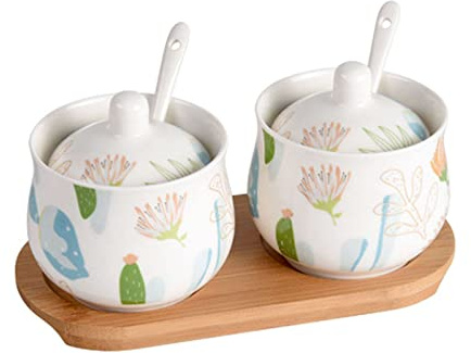 Azucarero de cerámica con tapa, azucarero de porcelana con cuchara, salero pequeño, tarro de almacenamiento, for barra de café, restaurante-blanco-2 juego de tarros(Flower,2 Set)