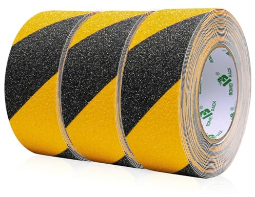 BOMEI PACK Antirutsch Klebeband Streifen mit Selbstklebend, 3 Rollen von 5cm x 10m Treppe Stufen Band Kleber Rutschfest Klebeband, schwarz-gelb, Hohe Traktion Pad für innen- und Außenbereich