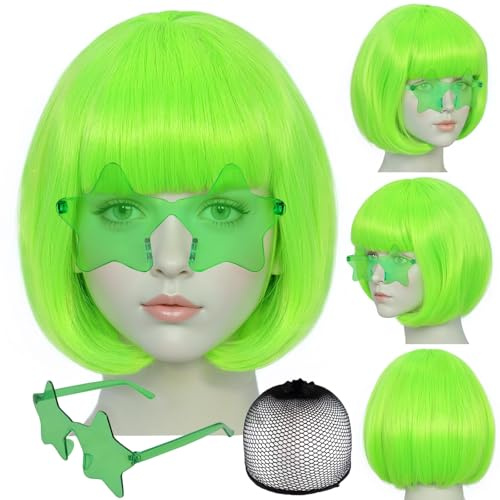 BEKIDER Neon Grön Bob-peruk (1 par glasögon + 1 hårnät) Färgad peruk Festoutfit Färgglad bob-peruk med lugg Roliga peruker Fasching-kostym Neongrönt syntetiskt hår för Halloween