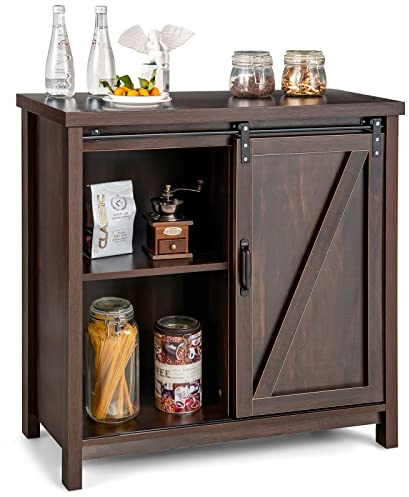 COSTWAY Sideboard Holz, Küchenschrank mit Schiebetüren & 4 Fächern, Buffetschrank industriell, Beistellschrank freistehend für Küche, Esszimmer, Wohnzimmer, 80 x 40 x 82 cm, Braun