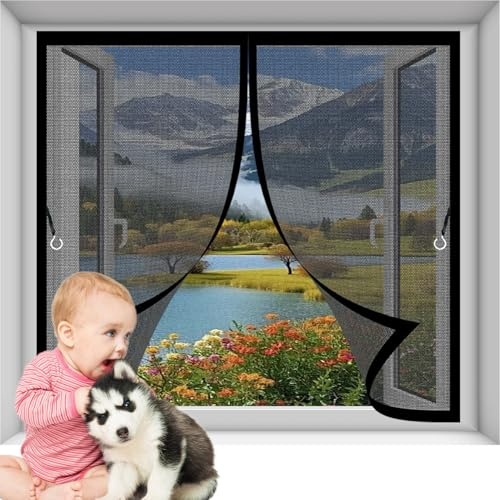 Moustiquaire Fenetre 105 x 112 cm Joint Magnétique de Haut en Bas avec Fermeture Automatique Rideau Magnétique Anti-Insectes pour Toutes Les Tailles de Fenêtre, Noir