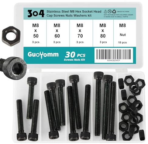 GuoYomm 30 Stück M8 Schrauben Set, Zylinderschrauben mit Innensechskant Schrauben Set, Schwarz Maschinenschrauben Muttern Set, 12,9 Grad Kohlenstoffstahl, Längen: 50mm 60mm 70mm 80mm