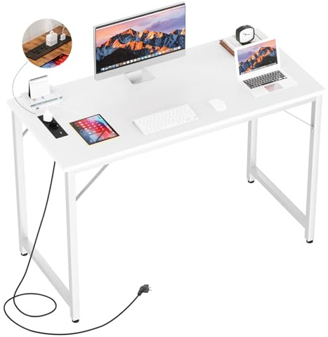 iSunirm Bureau Gaming et Travail 80cm – Petit Bureau Informatique avec Prises USB et Secteur – Bureau PC Compact pour Ado et Étudiant – Meuble de Bureau Blanc Stable et Gain de Place