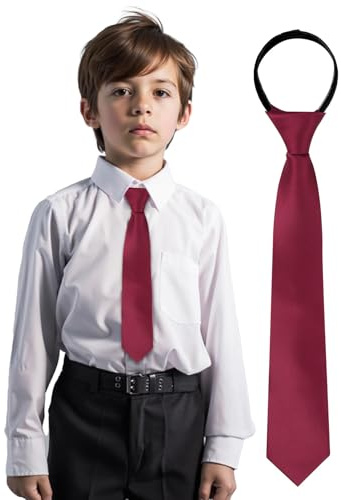 VPbao 38cm Long Zipper Ties for Boys Girls, Pre-Tied Adjustable Kids Neckties, Solid Color Skinny 5cm Wide Ties, Children Satin Formal Tie for Wedding Prom Graduation School Uniforms Burgundy