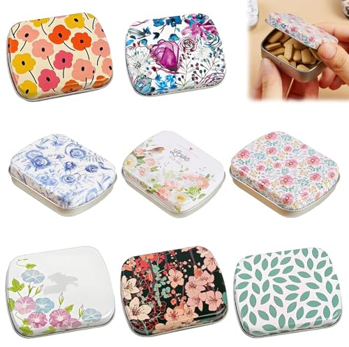 Xiciki 8 Pcs Small Tins with Lids, Small Tin Boxes with Hinged Lids, 6x4x2.5CM Mini Metal Storage Containers for Candy Jewelry Pills, Portable Vintage Floral Pattern Tins for Organizing Items