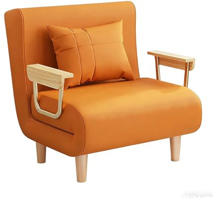 Sovfåtölj 3-i-1 Bäddfåtölj med Armstöd Gästsäng Hopfällbar med Ryggstöd i 6 Lägen och Kuddar Loungesoffa för Vardagsrum, Gästrum, Litet Utrymme(Orange,68x72x84cm)