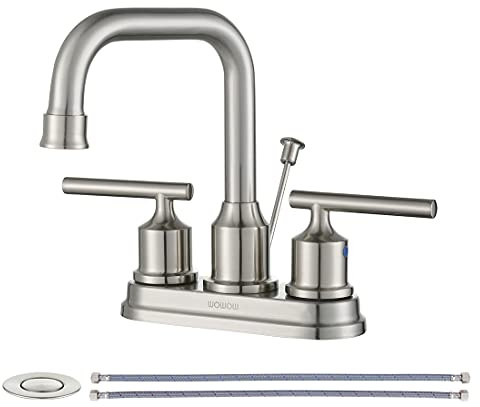 WOWOW Centerset Bathroom Faucet Brushed Nickel: 4 Inch Bathroom Sink Faucets with Lift Rod Drain Assembly Vanity Faucet 2 Handle High Arc Taps Modern