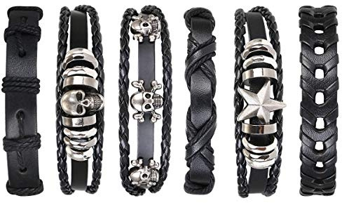 flintronic Pulsera de cuero, 6 piezas, ajustable, punk, trenzada, para hombres y mujeres, pulsera de cuerda, brazaletes vintage, serie envolvente, 18 centimeters, Cuero