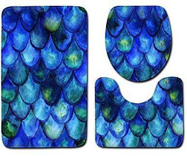 GUOCU Ozean Muster Badezimmer Vorleger,3 Teiliges Badteppich Set rutschfeste Badematten,Contour Matte,WC Sitz Deckel,Badgarnitur Badvorleger WC Vorleger Waschbar Duschvorleger Fischmuster E 45x75CM