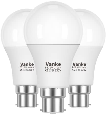 Vanke Bayonet Light Bulb 60w Equivalent, B22 LED Bulbs Warm White 2700K Yellow Light, Non-Dimmable 9w Energy Saver Lightbulb, 806 Lumen, 3-Pack