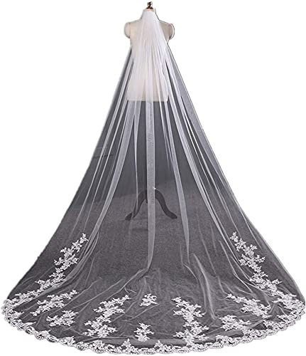 Kathedrale Spitze Brautschleier mit Kamm Frauen Einschichtige Schleppende Lange Elegante Tüll Applikation Rand Bräute Kopfschmuck Kapelle Prom Einfacher Brautschleier für Fotostudio,Weiß,3*1.8 m