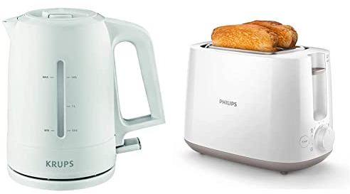 Krups BW2441 Wasserkocher Pro Aroma | 1,6 L Fassungsvermögen | 2.400 W | Beleuchteter Ein-/ Ausschalter | Weiß & Philips HD2581/00 Toaster, integrierter Brötchenaufsatz, 8 Bräunungsstufen, weiß