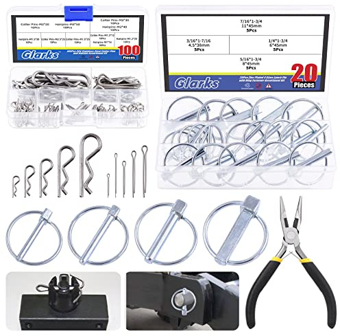 Glarks 121Pcs Heavy Duty Lynch Pins and Cotter Pins with R Clips Set Carbon Steel Linch pins and 304 Stainless Steel Cotter Pins Hair pins with Needle Nose Pliers for Automotive, Cars and Trucks