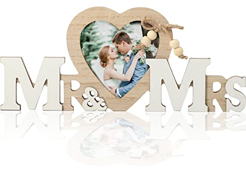 Mr & Mrs Decoración de Boda con Marco de Fotos Corazón, Decoracion Boda de Mesa Vintage, Letras de Madera para Decoración de Casa, Regalos de Boda, Fiesta de Jardín, Ceremonia, Accesorios Fotos