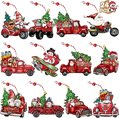 KATELUO Holz Ornamente, 24 Stücke Rot LKW Anhänger, Holz Weihnachtsbaum Anhänger für Weihnachtsfeier Dekor
