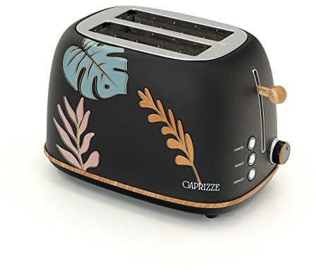 Tostadora de Pan Caprizze Kaito con Doble Ranura Extra Ancha 6 Niveles de Tostado Decoración Floral y Efecto Madera Negra Mate
