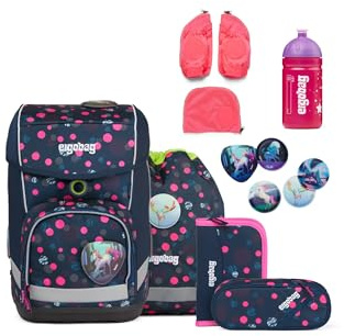 ergobag cubo Bundle Set ergonomischer Schulrucksack, Set 7-teilig plus Seitentaschen Zip-Set und Trinkflasche PhantBärsiewelt Glow - Blau, Einheitsgröße