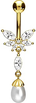 PIERCINGLINE Chirurgenstahl Bauchnabelpiercing SCHMETTERLING + SYNTHETISCHE PERLE Bananabell Piercing Farbauswahl