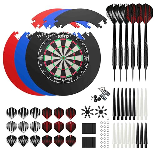 KOTO - King Classic Edition Dartscheibe mit Schutzring, 4 PCS, PU Incl. Accessory Kit Steeltip 90 Stücks, 2 Sets Dartpfeile 23 G, 6x3 Flights, 6x3 Shafts