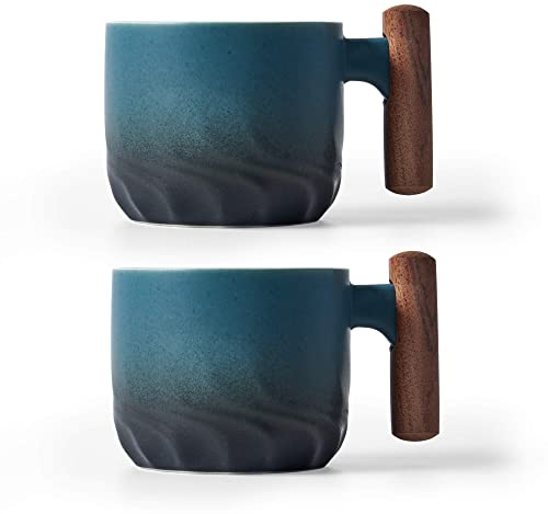 BlogBlog Demitasse à café expresso en céramique avec poignée en bois, tasses à shot à expresso, tasses à thé en céramique, tasses en porcelaine Demitasse pour café ou thé, 500 ml (bleu, 2)