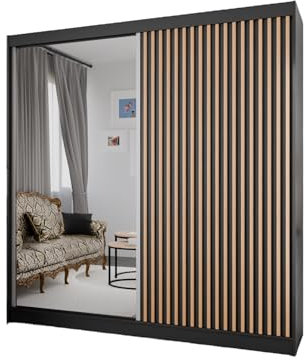 Margaret Hadas24 Kleiderschrank Lili mit Lamellen und Spiegel, Organizer, Mehrzweckschrank, Schwebetürenschrank, Garderobenschrank, Kleiderstange, Kleiderständer, Schrank, 200 cm, braun, schwarz,