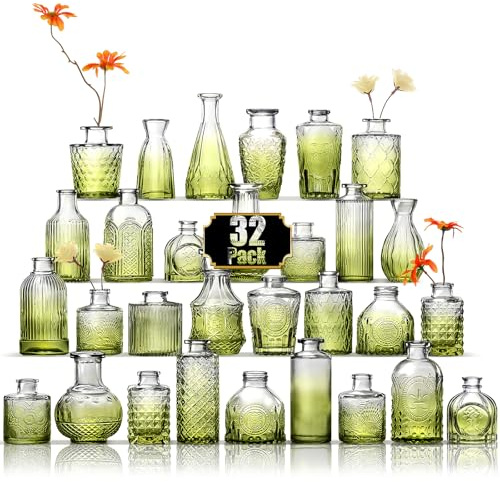 Arme Knospenvasen-Set mit 30 Stück, grüne Vasen aus Glas, Knospenvasen in Großpackung, kleine Vasen für Tafelaufsätze, Mini-Blumenvasen-Set, niedliche Vintage-Glasvasen, Set für Blumen, Hochzeit,
