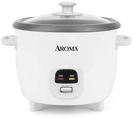 AROMA® Arrocera, 3 tazas (sin cocinar) / 6 tazas (cocidas), olla arrocera pequeña, olla de avena, máquina para hacer sopas, mantener caliente automáticamente, 1.5 cuartos de galón, blanco, ARC-393NG