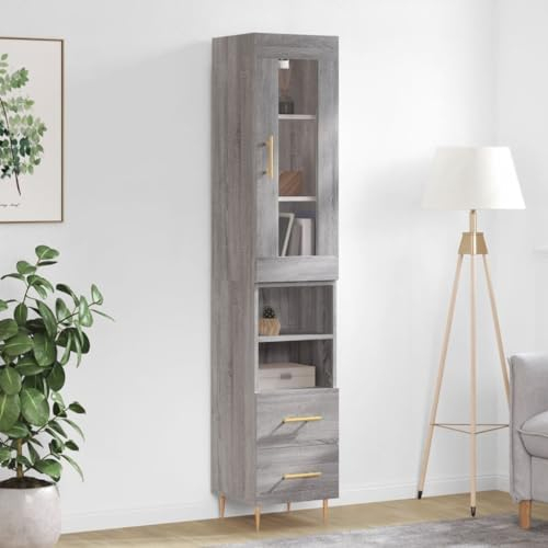 Higsose Sideboard 34,5x34x180cm Grau Sonoma Holzwerkstoff,Metall,Glas Kleiderschrank Vorratsschrank Allzweckschrank Gartenschrank Campingschrank Schrank Organizer Flur Möbel Wohnzimmerschrank