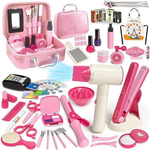 RedCrab Kids Beauty Salon Toy Set, Girls Hair Salon Stylist Pretend Kit, Make Up Playset Includes Kids Hair Dryer, Comb, Makeup Bag and Other Accessories, 3-8 Years for Children