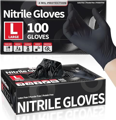 Black Disposable Nitrile Gloves – Powder-Free, Latex-Free Multipurpose Gloves for Examination, Cleaning, Food Prep, Automotive & Industrial Use – Strong, Comfortable & Tear-Resistant (100, LARGE)