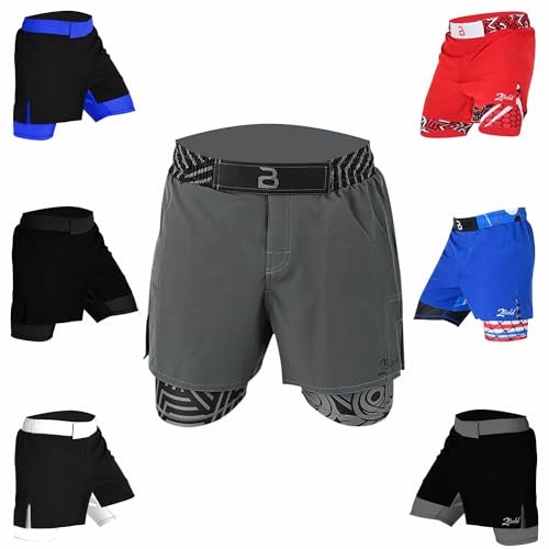 2BOLD MMA Herren-Shorts, 2-in-1, Jiu-Jitsu, integriertes Kompressionsfutter, athletisch, Fitnessstudio, Boxen, Muay Thai, BJJ, No-Gi Grappling-Shorts, Grau-Innenseite, Klein