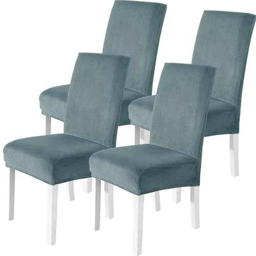 CYCMACO Stuhlhussen Samt 4er Set, Stretch Stuhlüberzieher, Stuhlbezug Schwingstuhl, Hussen Für Stühle Hochlehner, Stuhlbezüge Kratzfest, Universal Chair Cover Waschbarer, Graublau