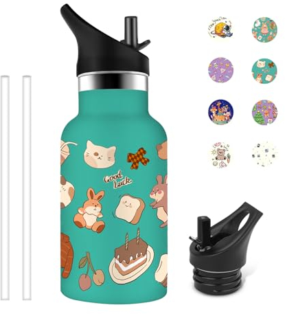 Grsta Botella Agua Acero Inoxidable 350ml para Niños - Sin BPA, Reutilizable, a Prueba de Fugas, Con Pajita - Para 1/2/3 Años, Verde-Conejo