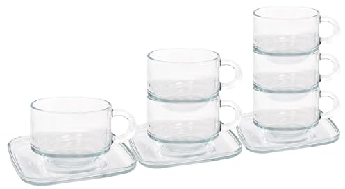 LAV 270ml Cozy Stacking Glass Coffee Cups & Saucer Set - Clear - Latte Tea Hot Chocolate Cappuccino Espresso Drinking Mugs Glasses Set