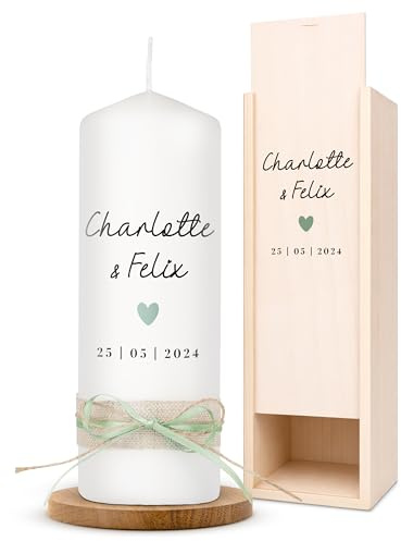 AMARI ® Hochzeitskerze personalisiert Herz 20/7 cm - Traukerze Hochzeit - Hochzeitskerze Standesamt - Traukerze mit Namen und Datum