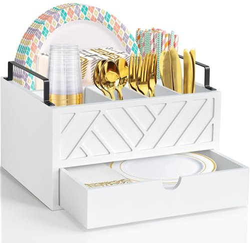 Paper Plate Dispenser with Drawer, Paper Plate Holder for Kitchen Counter, Wood Rustic Silverware Utensil Caddy, Cutlery Flatware Organizer for Cup Spoon Fork Plates Napkins, White Kitchen Accessories