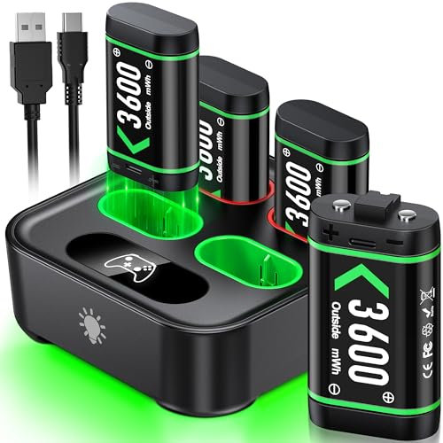 4X3600mWh Xbox Controller Rechargeable Battery Packs for Xbox Series X/S/Xbox One/Elite/S|X Controller Rechargeable Battery Pack with Charging Station & Cool LED Light Control