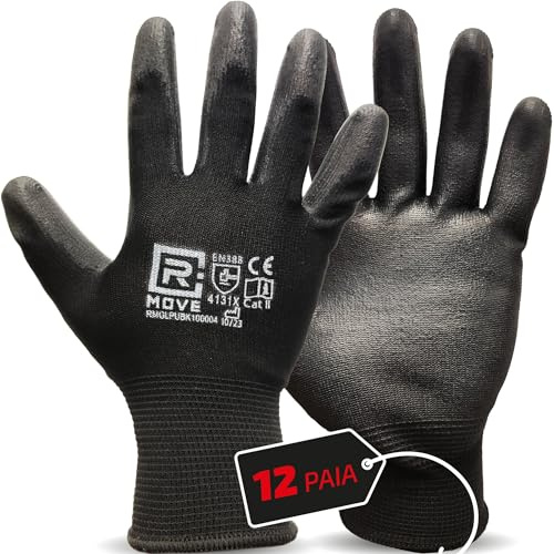 R MOVE 12 Paar Arbeitshandschuhe XXL Schutzhandschuhe aus Polyurethan, abriebfest, schnittfest, für Damen und Herren (XXL, STANDARD (kein Touch))