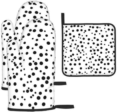 YYHHAOFA Set di 3 guanti da forno resistenti e impermeabili, con presina, anti-scottatura e isolamento termico, stampa a pois bianchi e neri