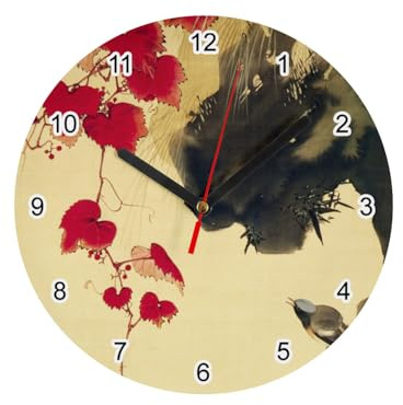 Horloge Murale en Verre - Estampe Japonaise 18 Petit Oiseau et Feuilles de Lierre Rouge Art Délicat Original Vintage - Diamètre 20 cm - Blanc