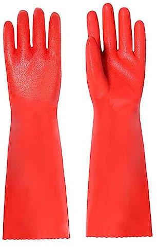SKISUNO Thicken Pvc Housework Gloves Non-slip Kitchen Cleaning Gloves with Fleece Lining for Hand Wash and Daily Use, Red Colour, Length 35cm