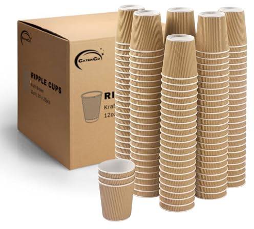 CaterCo - 12oz Kraft Ripple Wall Coffee Cups - 200 Pack Triple Insulated Disposable Cups for Hot Drinks, Tea - Recyclable, Brown Paper Cups for Cafes, Takeaway, Office, Events - 12oz / 340ml -200 Pack