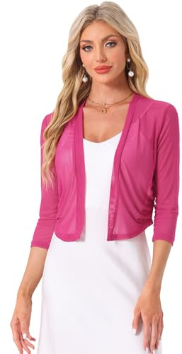 Allegra K Mesh Shrug for Women's Elegant 3/4 Sleeve Open Front Sheer Bolero Cardigan Fuchsia M