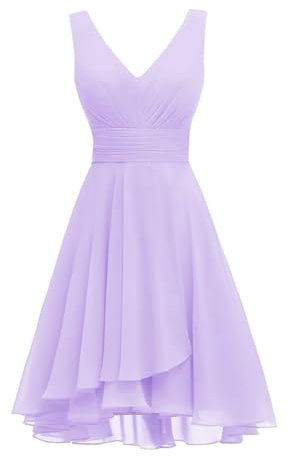 WSEYU ZM134 - Vestidos cortos de dama de honor con cuello en V, plisados, de gasa, para graduación, cóctel, fiesta, Lila, 36