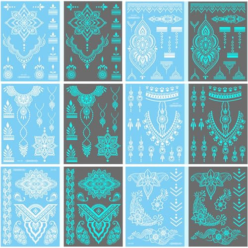6 Blätter Mandala Blume Temporäre Tattoo, Erwachsene Leuchtende Temporäre Tattoos Aufkleber, Bauch Wasserdicht Tattoo Aufkleber für Arm Erwachsene Mädchen Narbe Kaiserschnitt Taille Brust